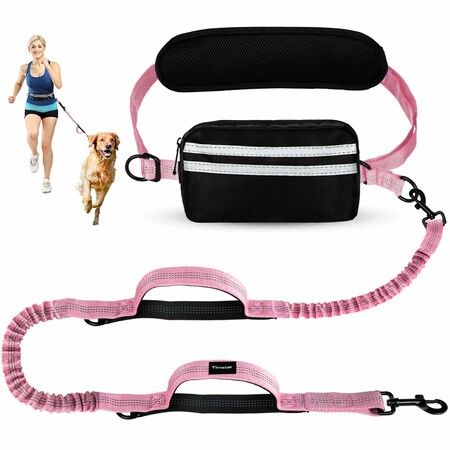 Hands Free Dog Leash, Adjustable Waist Belt with Double Padded Handles,Retractable Bungee for Medium Large Dogs for Dog Walking Running(Pink)