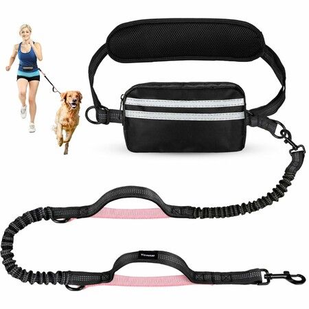 Hands Free Dog Leash, Adjustable Waist Belt with Double Padded Handles,Retractable Bungee for Medium Large Dogs for Dog Walking Running(Black-Pink)