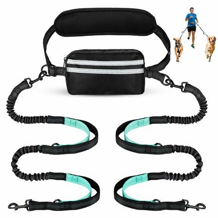 Hands Free Dog Leash with Pouch,Double Leash for Two Dogs Retractable Bungee with Double Padded Handles for Dog Walking Running Leash for Dogs(Black-Green)