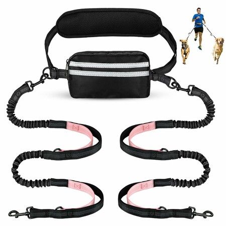 Hands Free Dog Leash with Pouch,Double Leash for Two Dogs Retractable Bungee with Double Padded Handles for Dog Walking Running Leash for Dogs(Black-Pink)