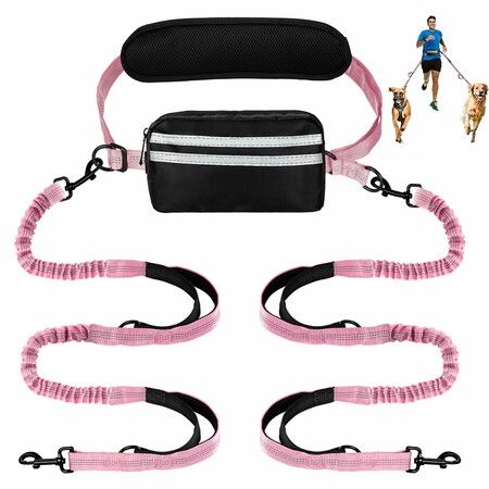 Hands Free Dog Leash with Pouch,Double Leash for Two Dogs Retractable Bungee with Double Padded Handles for Dog Walking Running Leash for Dogs,Pink