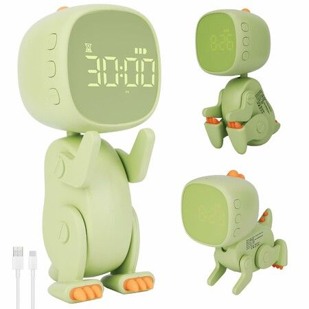 Alarm Dinosaur Clock for Kids 6 Musics Wake Cute Digital Children's Kid student Clock Rechargable Night Light Timer Christmas Gift Col Green