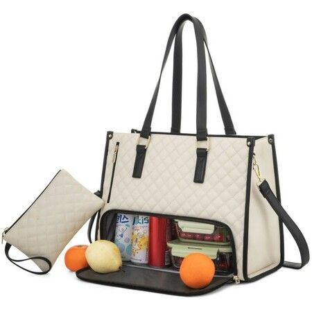 Lunch Tote Bag For Women,Laptop Bag with Insulated Lunch Compartment,Large Capacity Computer Handbag with Purse For School,Work,Office,Casual,Beige