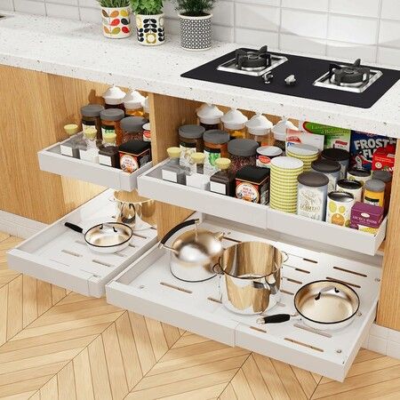 2 Pack Pull Out Drawers for Cabinets Expandable Organizer Adhesive Slide Out Drawers Shelves for Kitchen Cabinets Adjustable Width 32cm to 52cm