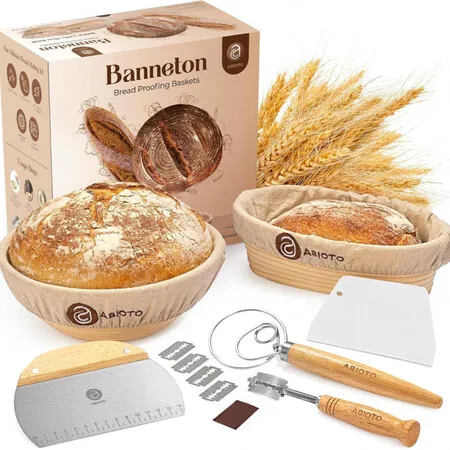 14 PCS Fermentation Basket Tool Set Bread Baking Supplies Rattan Banneton Proofing Basket Set Sourdough Kit with Handcrafted 9 Round 10 Oval Baskets