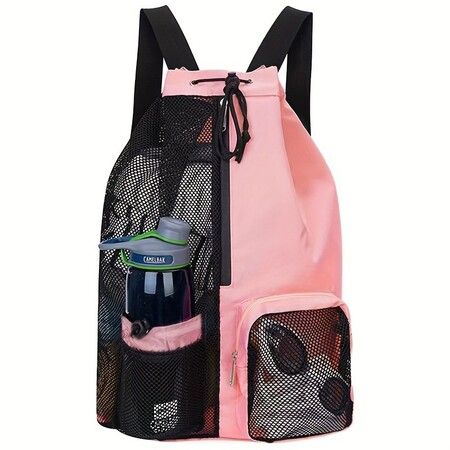 Beach Backpack with Wet Pocket Drawstring Mesh Beach Bag Waterproof Swimming Pool Backpack for Men and Women (Pink)