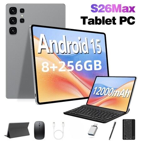 Android 15 Tablet 10.1 Inch 10 Core 8GB RAM 256GB ROM 12000mAh Battery HD Screen Keyboard Mouse Included Color Gray