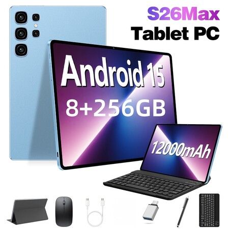 Android 15 Tablet 10.1 Inch 10 Core 8GB RAM 256GB ROM 12000mAh Battery HD Screen Keyboard Mouse Included Color Blue