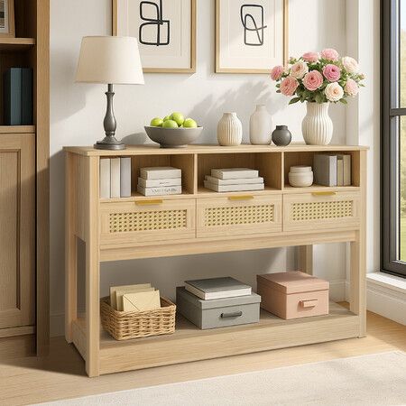 Console Table End Hall Sofa Accent Narrow Side Couch Entryway Entrance TV Stand Living Bed Room Home Furniture Rattan Storage Drawer Display Shelf Oak
