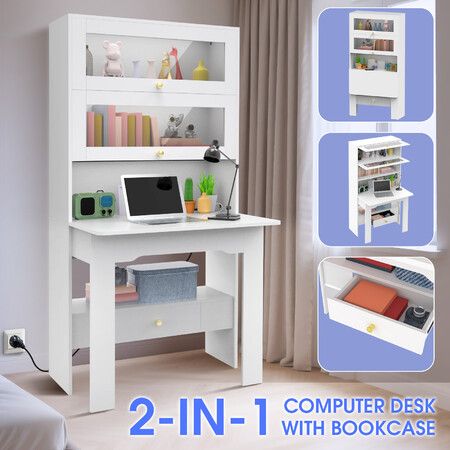 Computer Desk Bookshelf Office Study Work Folding Table Glass Shelving Bookcase Shelves Multifunctional Wooden Storage Organiser Furniture 80x31x160cm