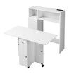 Side Dining Table Folding 2in1 Cabinet Hall Console Storage Shelves Rolling Desk Drop Leaf Wood Kitchen Breakfast Room Furniture USB Power Strip White