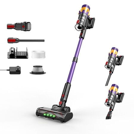 Purple Cordless Vacuum Cleaner, 550W 35Kpa Vacuum Cleaners for Home, Stick Vacuum Cordless with Low Noise, LED Screen, Wall Mount Charging, Rechargeable