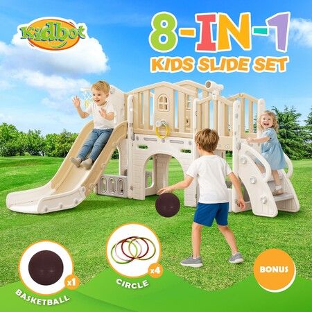 Kids Slide Set 8in1 Ladder Steps Indoor Playground Basketball Hoop Activity Centre Gym Climber Telescope Ring Toss Game Tunnel Outdoor Toys Playset