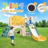7in1 Kids Slide Set Ladder Steps Basketball Hoop Playground Activity Centre Play Climber Telescope Ring Toss Game Tunnel Indoor Outdoor Toys Playset