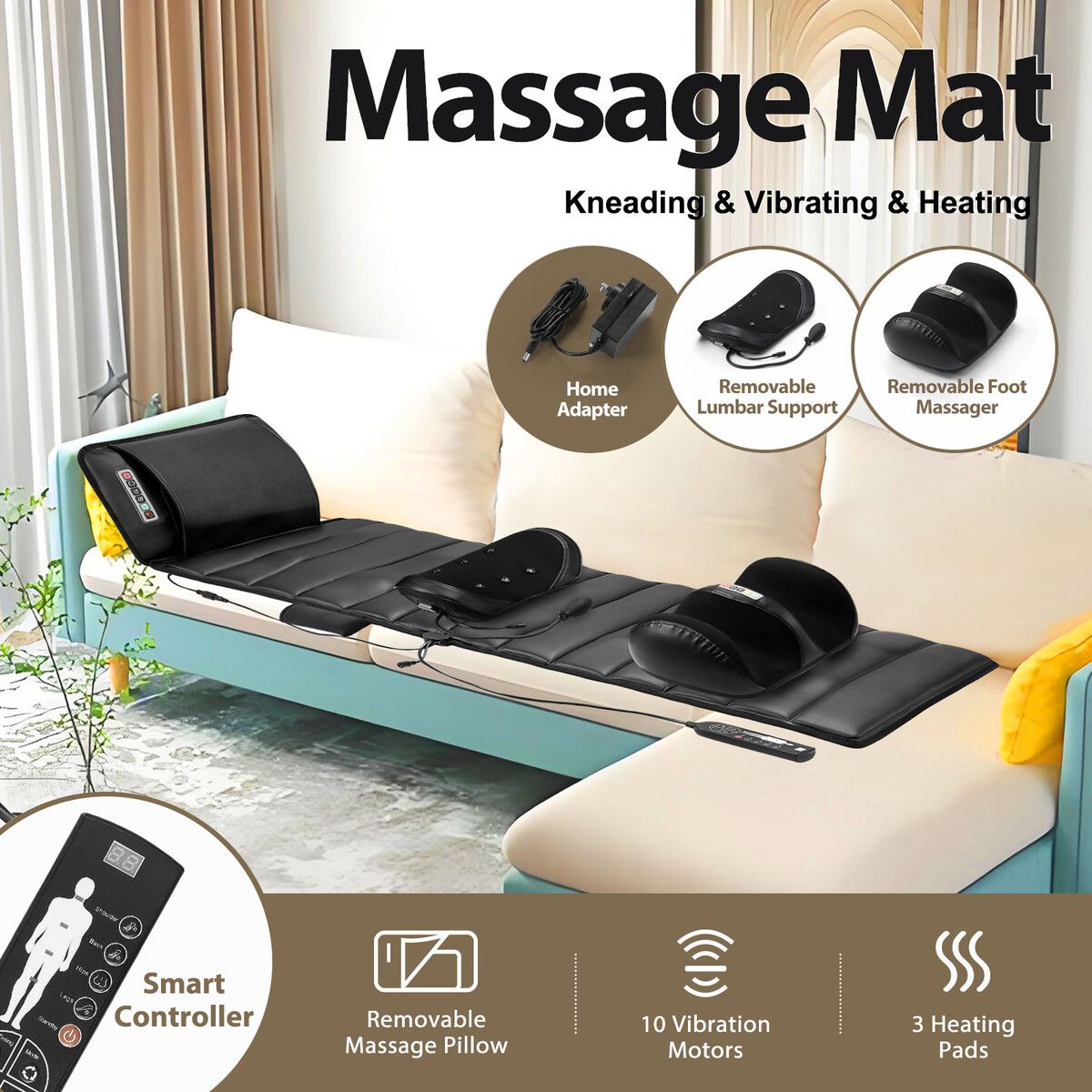 Full Body Massage Mat Heated Foot Back Massager Shiatsu Vibration Lumbar Support Neck Leg Relax Electric Heating Pad HOMASA Chair Recliner Seat Cushion
