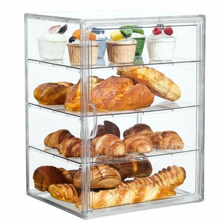Pastry Display Case,Bread Box for Kitchen Countertop,4 Layers Adjustable Clear Bread Storage with Magnetic Door Bakery Pastry Display15.5x11.4x9.8inch