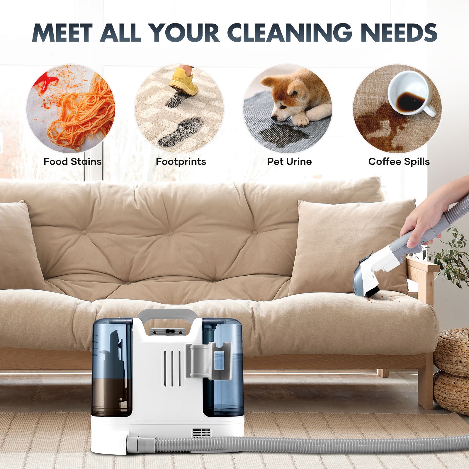 Carpet Upholstery Cleaner Spot Vacuum Fabric Sofa Rug Stain Remover Mattress Car Seat Pet Stain Curtain Cleaning Machine Rechargeable Battery 2 Tanks