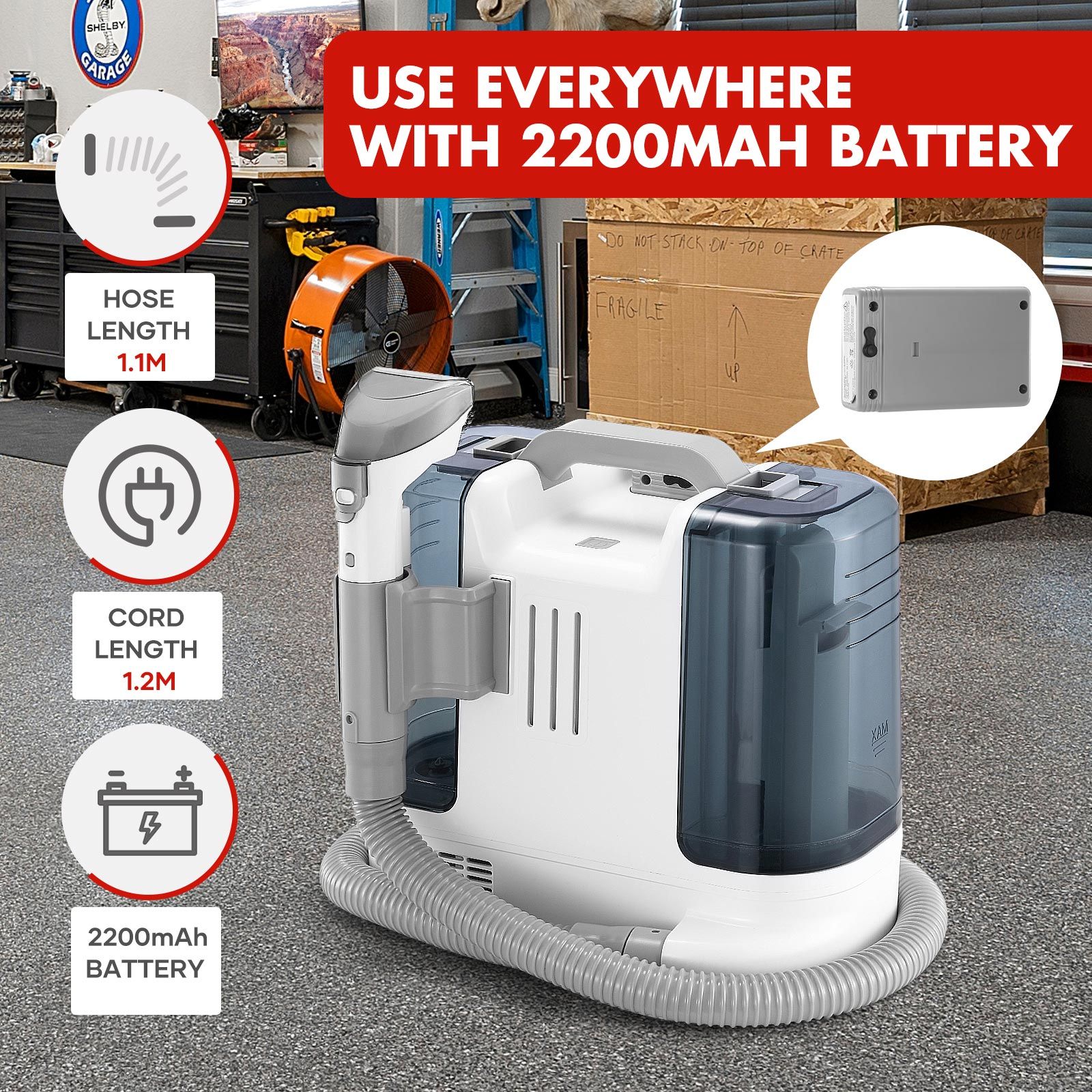 Carpet Upholstery Cleaner Spot Vacuum Fabric Sofa Rug Stain Remover Mattress Car Seat Pet Stain Curtain Cleaning Machine Rechargeable Battery 2 Tanks