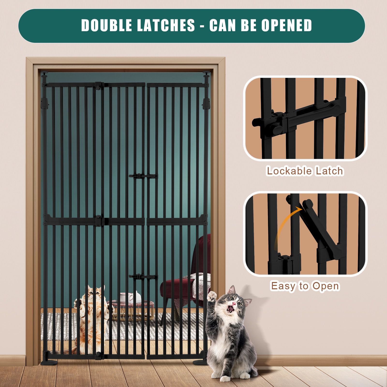 Safety Gate Retractable Pet Dog Cat Extra Tall Fence Enclosure Guard Security Barrier Fencing for Stairs Doorway Kitchen 190 to 250cm Black