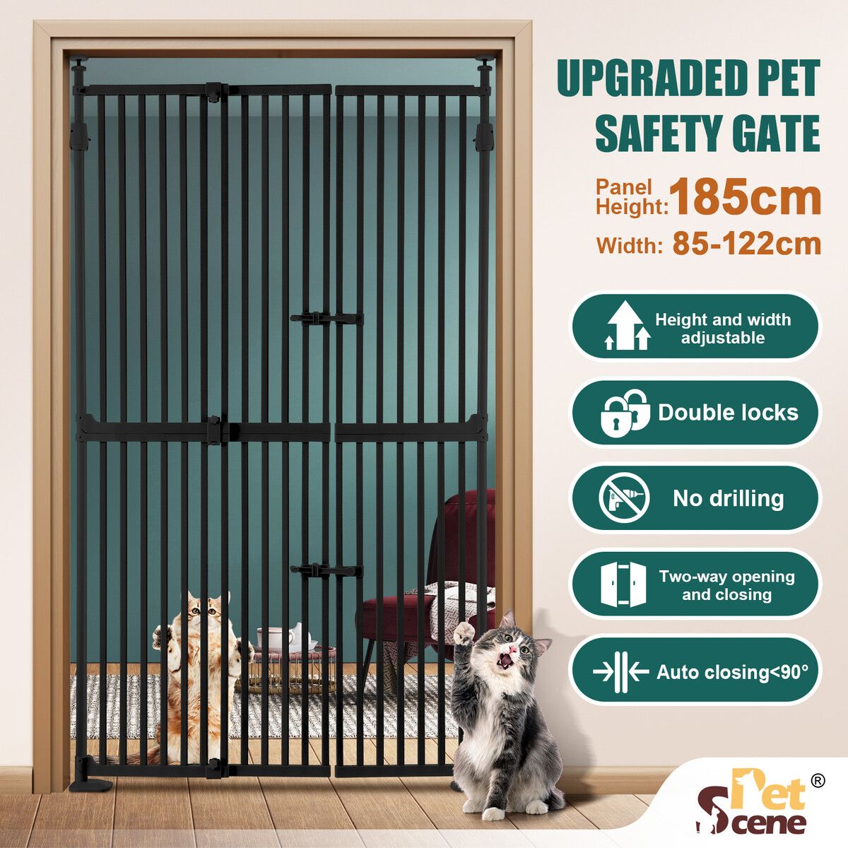 Safety Gate Retractable Pet Dog Cat Extra Tall Fence Enclosure Guard Security Barrier Fencing for Stairs Doorway Kitchen 190 to 250cm Black