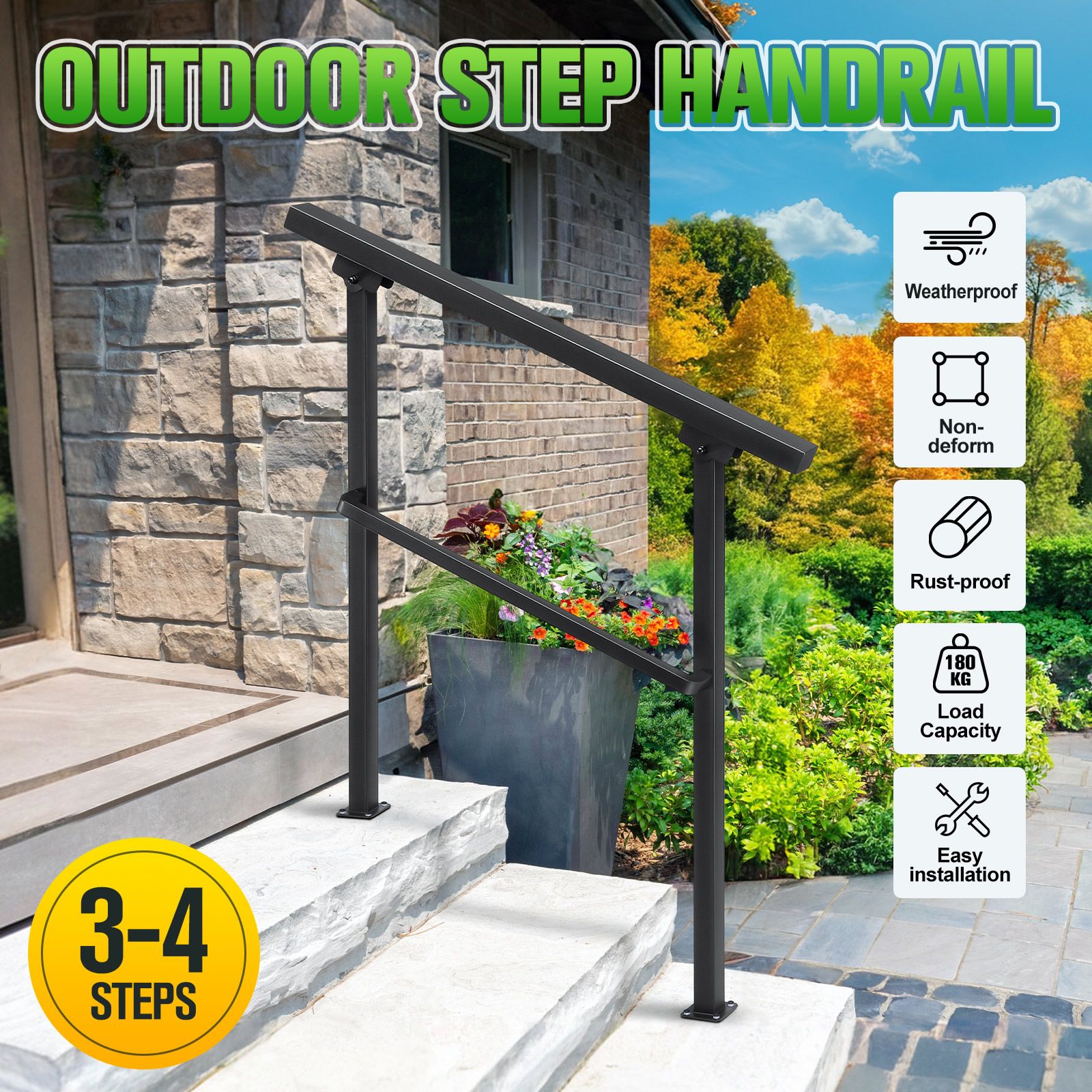 Stair Handrail Railings 2 to 3 Steps Adjustable Safety Metal Guard Hand Rails Kit for Outdoor Staircases Decks Porches Black