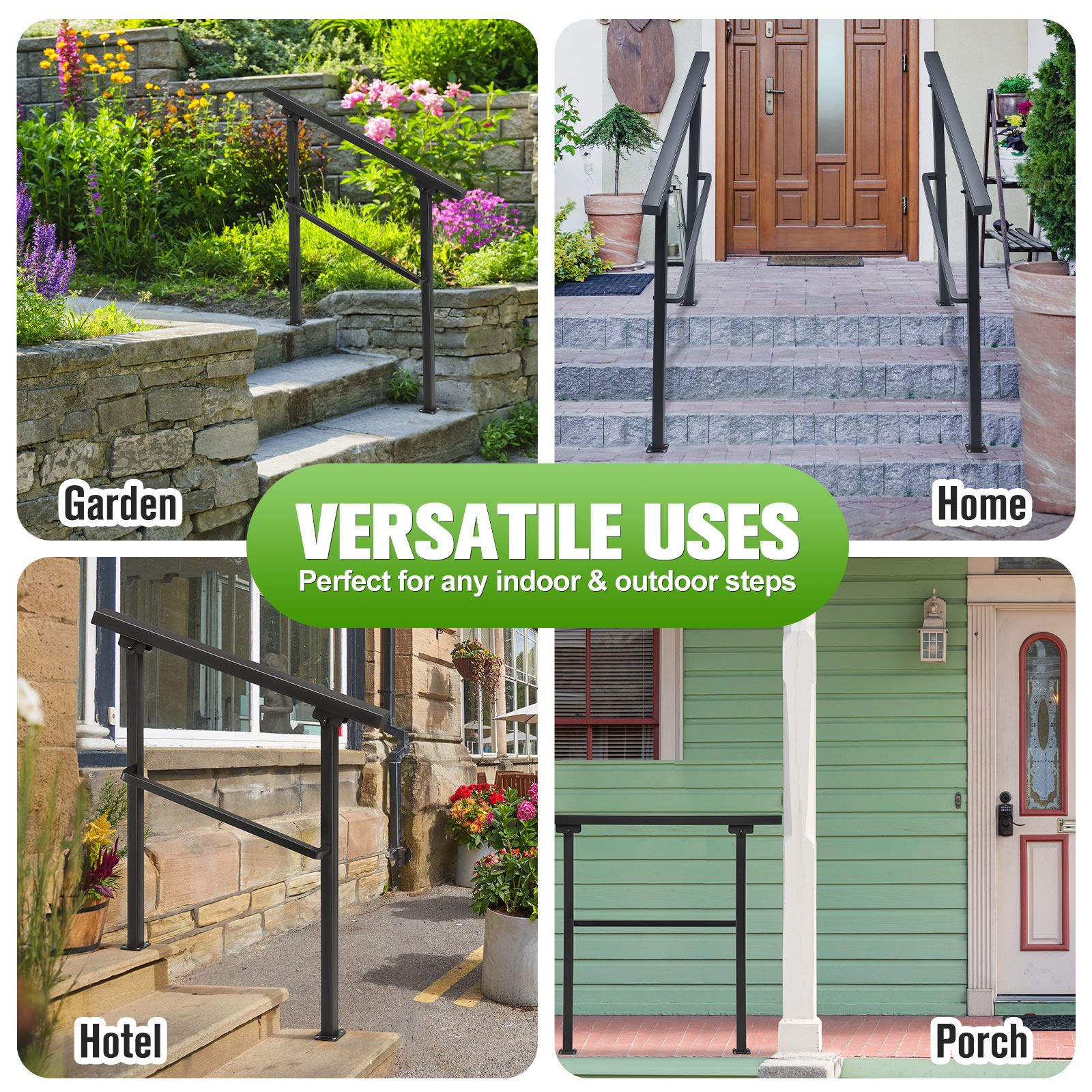 Stair Handrail Railings 2 to 3 Steps Adjustable Safety Metal Guard Hand Rails Kit for Outdoor Staircases Decks Porches Black
