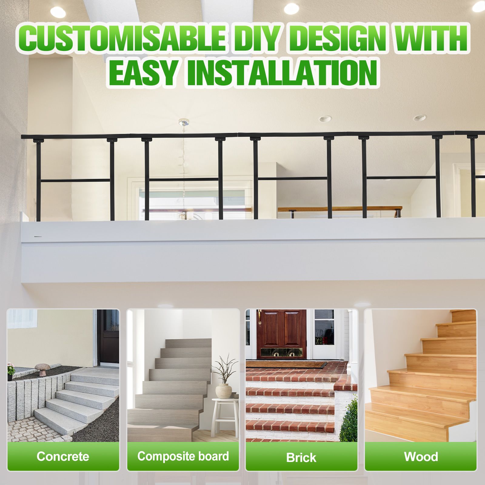 Stair Handrail Railings 2 to 3 Steps Adjustable Safety Metal Guard Hand Rails Kit for Outdoor Staircases Decks Porches Black