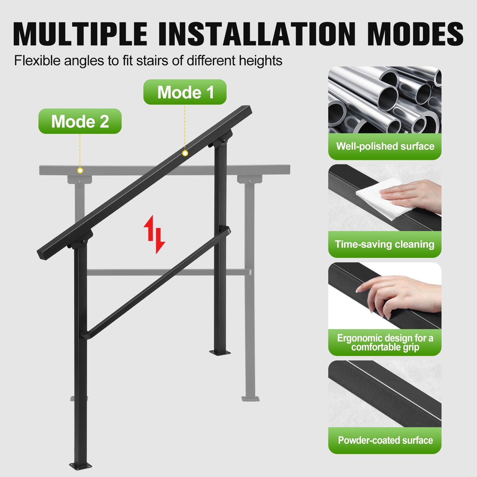 Stair Handrail Railings 2 to 3 Steps Adjustable Safety Metal Guard Hand Rails Kit for Outdoor Staircases Decks Porches Black
