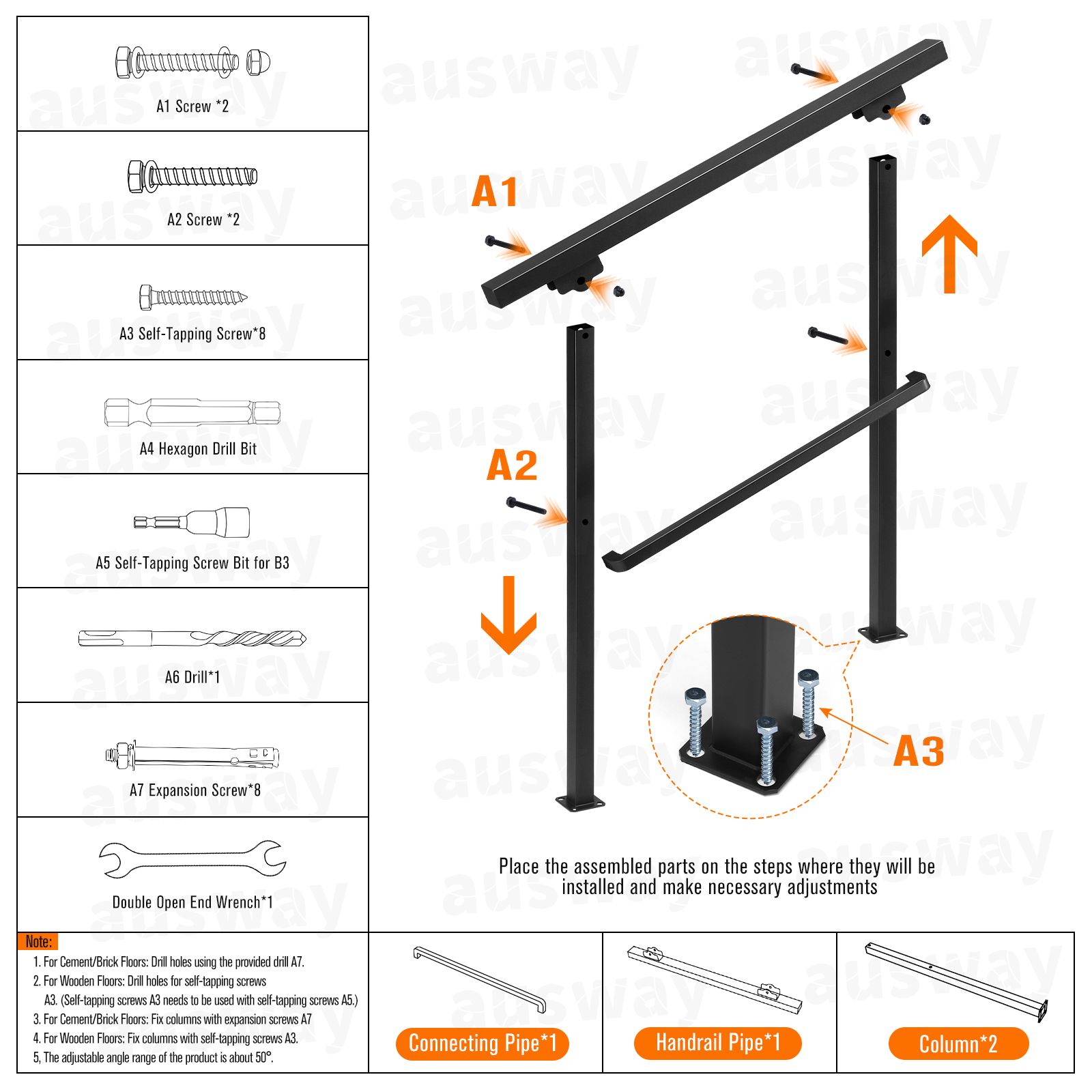 Stair Handrail Railings 2 to 3 Steps Adjustable Safety Metal Guard Hand Rails Kit for Outdoor Staircases Decks Porches Black