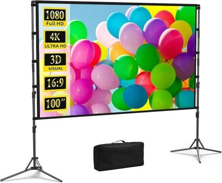 Projection Screen with Stand,100 inch Portable Movie Screen 16:9 HD 4K Double Sided Projection Screen with Carry Bag Indoor Outdoor for Home Theater