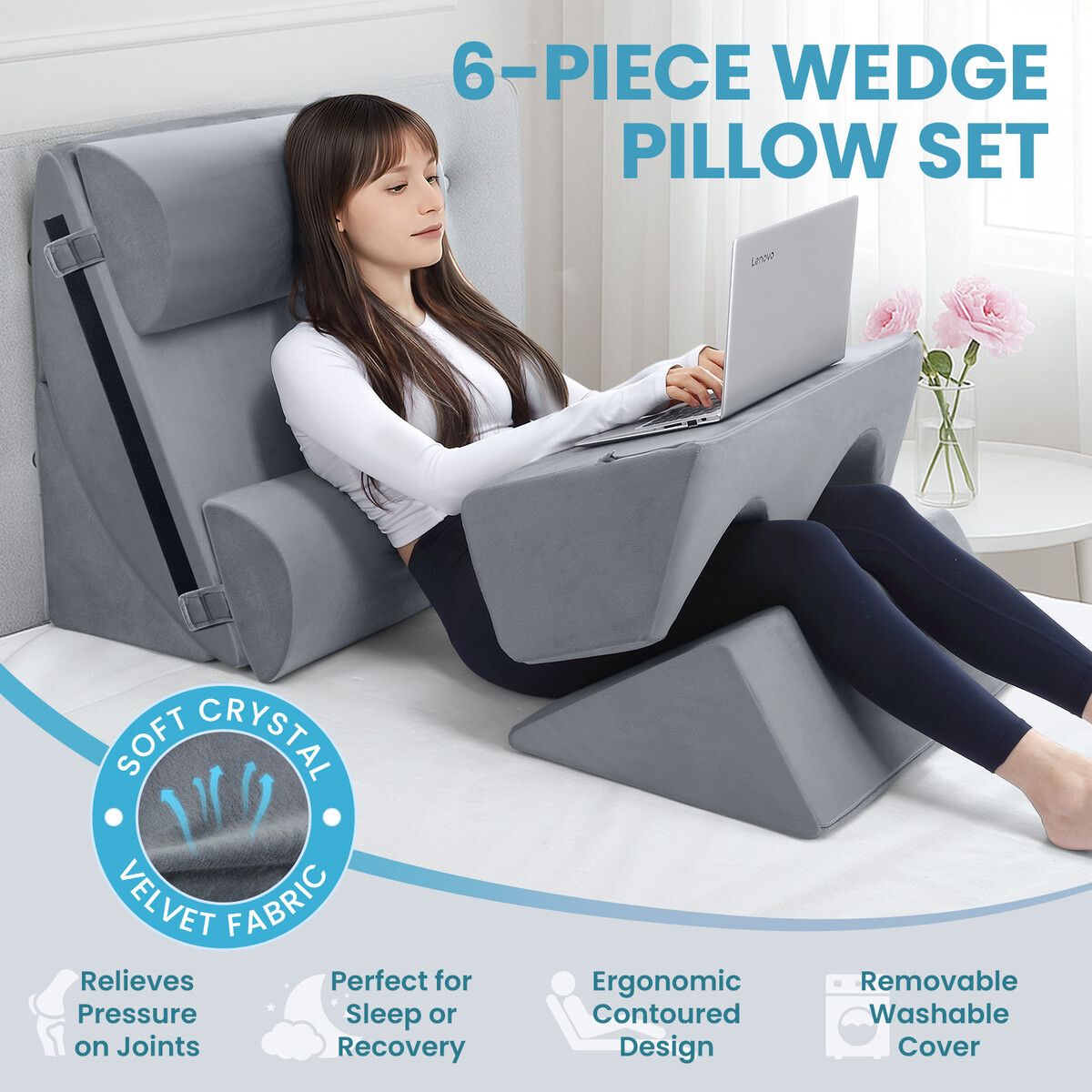 6PCS Bed Wedge Pillow Set Sofa Bedding Foam Cushion Body Back Neck Head ...