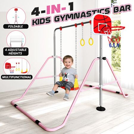 Kids Gymnastics Bars Training Home Gym Workout Horizontal Monkey Kip Adjustable Height with Swing Rings Basketball Hoop Playground Foldable 4in1 Set