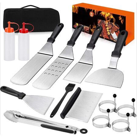 14PCS Stainless Steel BBQ Set Griddle Grill Tool Grill Clamp Spatula Fried Egg Ring Barbecue Set For Indoor Outdoor BBQ