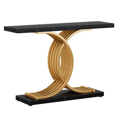 Console Coffee Table Hallway Side Sofa Narrow TV Unit Storage Rack Desk Stand Faux Marble Black Modern Living Room Entry Office Furniture 100x30x80cm