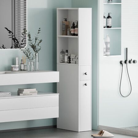 Bathroom Cabinet Shelf Narrow Side Drawers Corner Storage Unit Toilet Bath Laundry Rack Organiser Cupboard Floor Free Standing Shelves 40x18x135cm