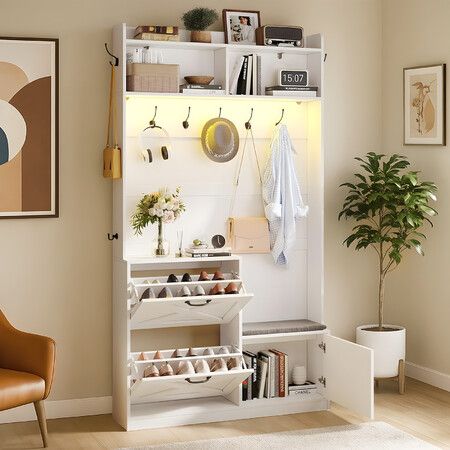 Coat Rack Shoe Cabinet Hall Tree Unit LED Lights Entryway Storage Bench Clothes Hat Hanger Shelves Cupboard Hallway Entrance Furniture 110x25x196cm