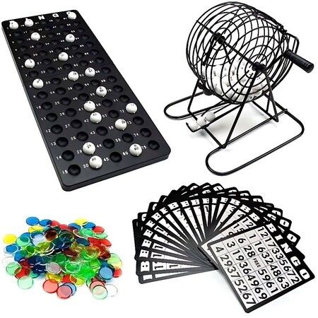 Deluxe Bingo Set, Includes 150 Colorful Chips, 18 Mixed Cards, 75 Calling Balls, 20cm Rotary Bingo Cage and  Bingo Master Board