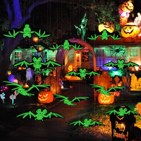 24Pcs Halloween Hanging Bats Decorations,Large Plastic Flying Bats With Realistic Glowing Skeleton Bats For Halloween Outdoor Indoor Decor
