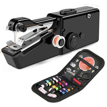 Black Mini Handheld Electric Sewing Machine Set Deluxe Bag Includes Most Of The Sewing Accessories