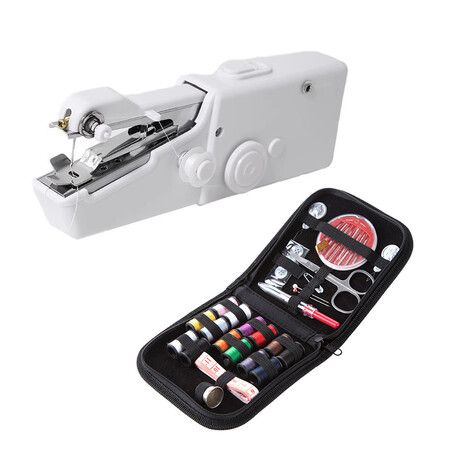 White Mini Handheld Electric Sewing Machine Set Deluxe Bag Includes Most Of The Sewing Accessories