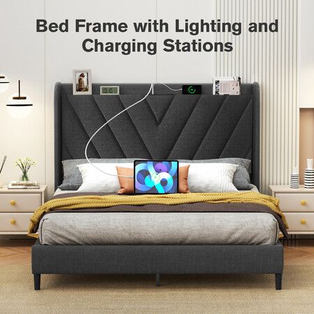 Queen Size Bed Frame Headboard Bedroom Furniture Mattress Base Platform Under Foundation Storage Wooden Slats Fabric Grey LED Light USB Charging Port