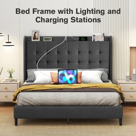 Queen Size Bed Frame LED Headboard Bedroom Furniture Mattress Base Platform Under Foundation Storage Wooden Slat Support Fabric Grey USB Charging Port