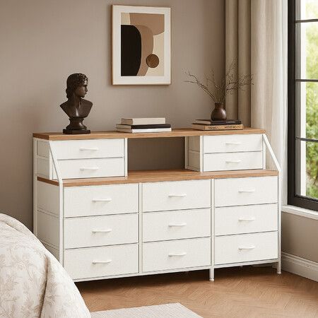 Wide 13 Chest of Drawers Tall Dresser Tallboy TV Stand Cabinet Console Table Closet Bedroom Organizer Shelves Storage Tower Unit Fabric Bins Wood Top