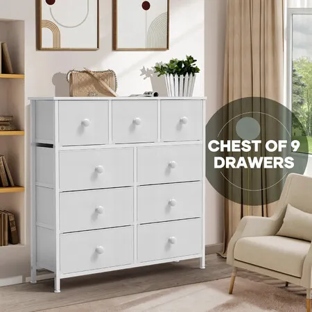 Wide Chest of 9 Drawers Tall Dresser Tallboy White Console End Table Bedroom Closet Hall Organizer Storage Tower Unit Night Stand Fabric Bin Wood Top