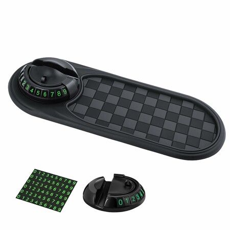 Multifunction Car Anti-Slip Mat,Rotatable Anti Skid Car Dashboard Pad with Temporary Parking Numbe,Universal Car Phone Holder (Black Gray)