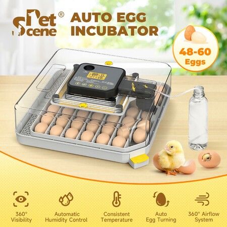 Auto Egg Incubator 48-60 Eggs Hatcher Breeder Automatic Turning Stop Humidity Control Hatching Chicken Duck Bird Quail Poultry Water Refill Candler