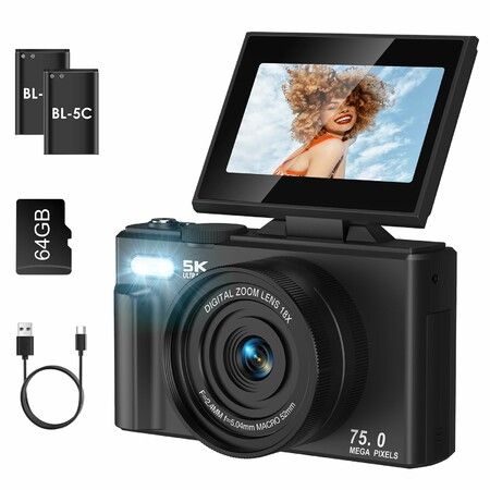 75MP Digital Camera 5K Video Vlogging YouTube Photography Flip Screen 18X Zoom Gift for Teens Color Black With Dual Batteries
