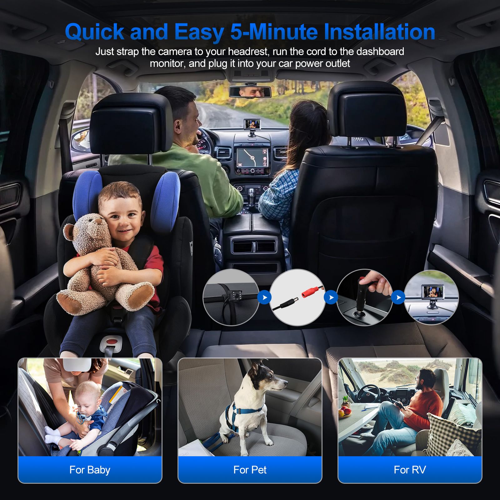 Baby Monitor Car Camera 1080P HD LED Night Vision Cam Back Seat Infant Kids Pet Safety Wide Clear View Rear Facing 4.3 Inch Display Easy Setup Mirror