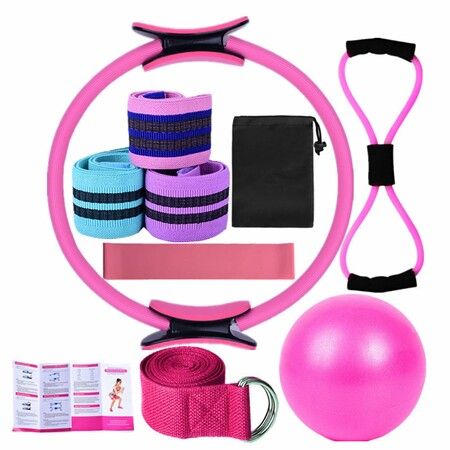 Yoga Pilates Kit,Essential Pilates Kit for Women,Pilates Ring and Ball Set,Resistance Bands,Figure 8 Band and Pilates Ball Color Pink