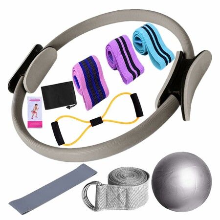Yoga Pilates Kit,Essential Pilates Kit for Women,Pilates Ring and Ball Set,Resistance Bands,Figure 8 Band and Pilates Ball Color Grey